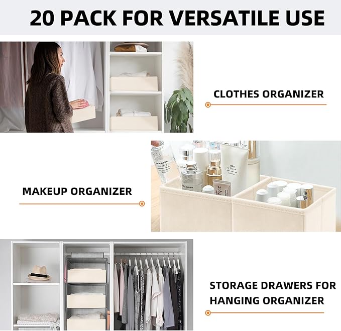 Criusia Drawer Organizer Clothes, 20 Pack Dresser Organizer Bins for Nursery Bedroom, Closet Organization and Storage Dividers for Clothing, Baby Clothes, Underwears, Socks (Beige)