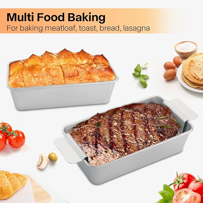 Meat Loaf Pan with Drip Tray, Meatloaf Pan 2LB, 2-Set Meatloaf Pan with Drain Tray Nonstick, Large Rectangular Pans for Baking Bread, Meat and Draining Grease Off, Oven Safe, Silver