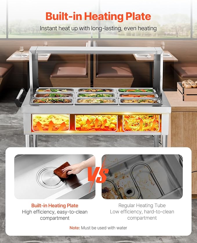 VEVOR 9-Pan Commercial Food Warmer, 9 x 1/3 Pans Electric Steam Table, 1500W Professional Buffet Catering Food Warmer with Shield Undershelf Wheels, Stainless Steel Server for Party Restaurant