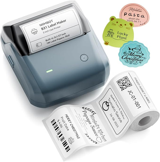NIIMBOT B31 Label Maker, Thermal Label Printer with Auto Identification, Bluetooth Label Machine Easy to Use for Office, Home, Business, Sticker Maker with a Roll of 3 x 1.57 inch Label/Roll