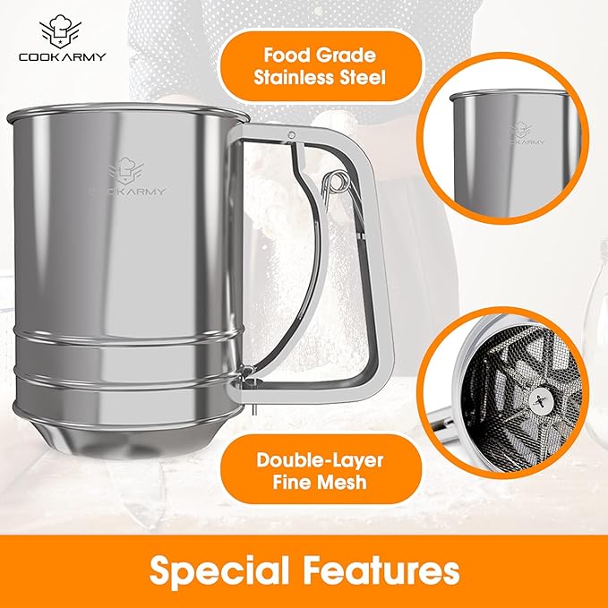 Flour Sifter , 3 Cup Stainless Steel , Great Double-layer Baking Sifters for all Baking Flour and Powdered sugar, Flour Strainer