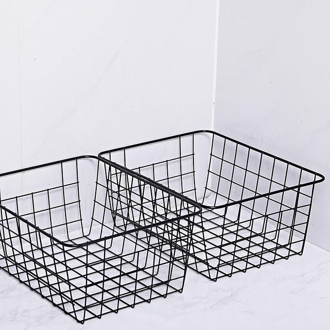 11" Upright Freezer Storage Baskets, Black Wire Storage Bins Small Bakset for Freezer, Pantry, Bathroom Organizing, Set of 2
