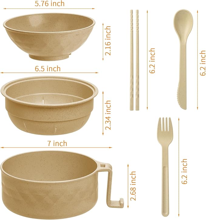 Ramen Cooker,32oz Ramen Bowl Set,Microwave Ramen Bowl, Microwave Bowl with Lid, Portable Noodle Bowls,for Home Office Dorm Room College gift (Khaki)