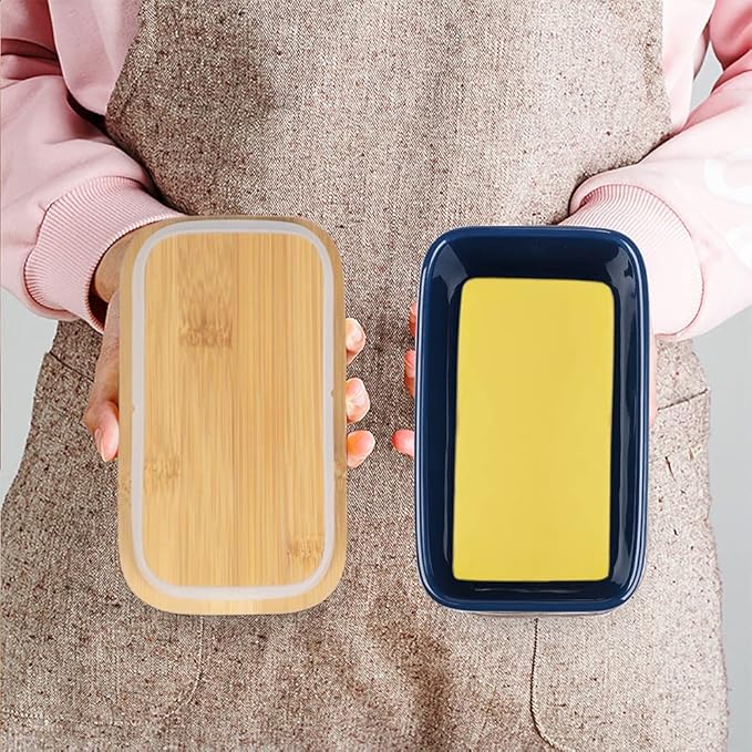 Ceramic Butter Dish with Wooden Lid, Large Butters Container Keeper Storage with Stainless Steel Knife Spreader, Bamboo Cover and Silicone Sealing Ring for West East Coast, Blue