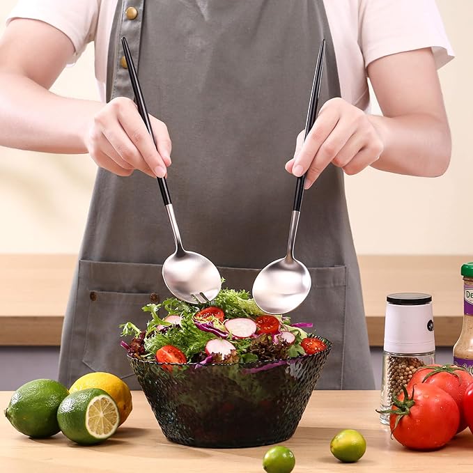 Silver Black Salad Serving Utensils,Serving Spoons Stainless Steel,2Pcs Long Handle Salad Servers 11.42 Inch,Salad Utensils for Serving,Matte Finish,Dishwasher Safe