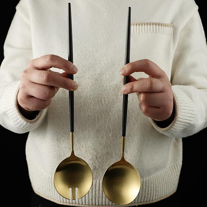 Salad Servers,Spoon and Fork Set 11.41 inch,18/10 Stainless Steel Salad Serving Titanium Plating (black gold)