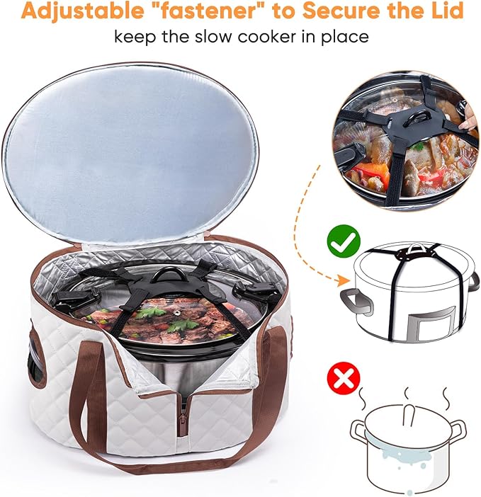 BAGSPRITE Double-layer Slow Cooker Carrying Case Compatible with 6-8 Quart Crockpot Carrier for Hot Food and Hamlton Beach Slow Cooker Tote with Lid Fastener for Crock-pot Dust Cover Applicances