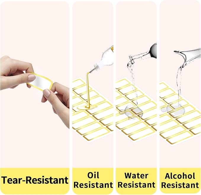 Gold Labels Stickers, Removable Blank Labels Gold Border, Self-Adhesive Rectangular Stickers Water/Oil/Tear Resistant for Storage, Classroom, Home (2 Size, 300 Sheet)