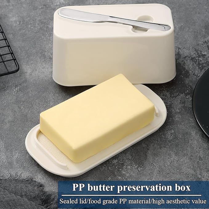 Evanda Butter Dish with Lid for Countertop and Refrigerator Door Shelf with Butter Spreader Knife, Butter Keeper, Plastic Butter Holder Tray Container for West/East Coast Butter