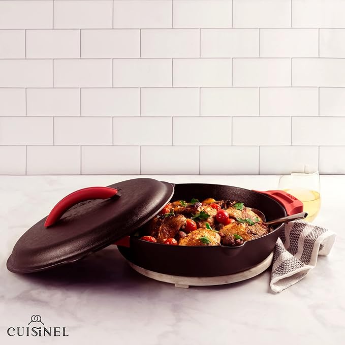 Cuisinel Cast Iron Lid - Fits 12"-Inch / 30.48-cm Lodge Skillet Frying Pans or Braiser + Silicone Handle Holder + Care Guide - Pre-Seasoned Replacement Cover - Indoor/Outdoor, Oven, Fire, BBQ Safe