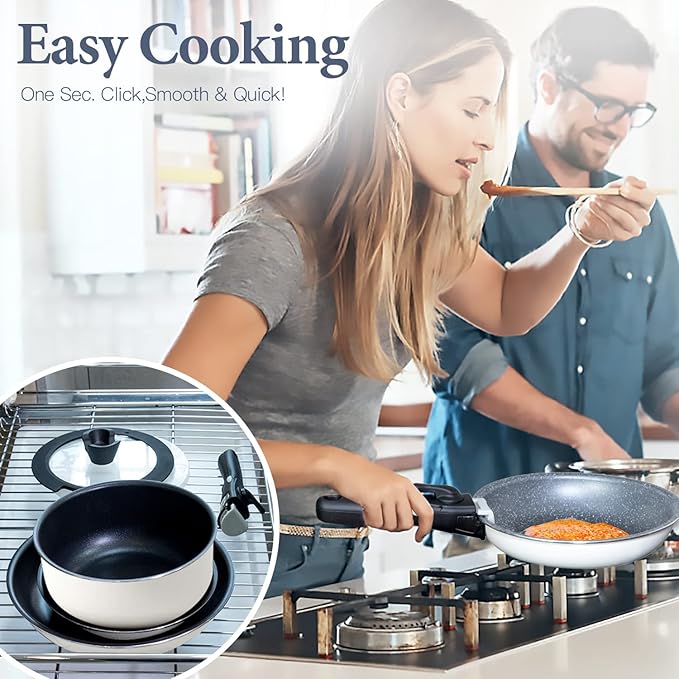 12pcs Pots and Pans Set, Nonstick Cookware Sets Detachable Handle, Induction Kitchen Cookware Set Non Stick with Removable Handle, RV Cookware Set, Oven Safe, White