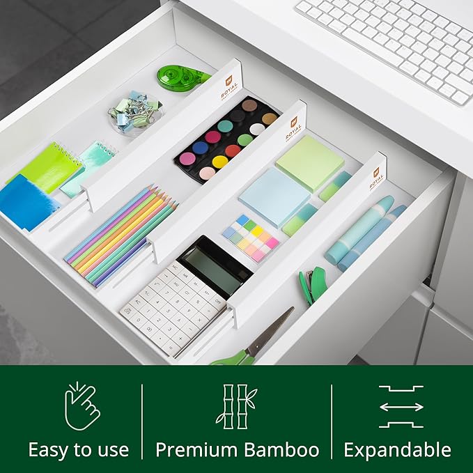 ROYAL CRAFT WOOD Adjustable Bamboo Caddy Expandable Drawer Organization Separators For Kitchen, Dresser, Bedroom, Bathroom and Office, 4-Pack (Large (up to 22)), White
