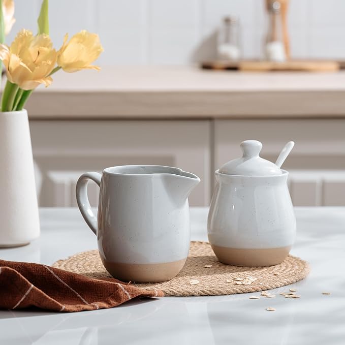 famiware Milkyway Ceramic Sugar and Creamer Set, 10oz Sugar Bowl & 13oz Creamer Set – Stoneware Milk Pitcher & Sugar Dispenser for Coffee Bar, Kitchen, or Countertop, Coffee Serving Set, Light Gray