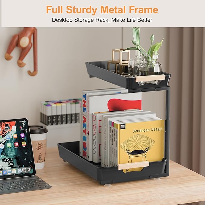 2 Pack Under Sink Organizer Pull 0ut, 3 Height Adjustable Under Kitchen Sink 0rganizer and Storage Black, 2 Tier Double Sliding Drawer Cabinet Organizer for Kitchen Bathroom Pantry