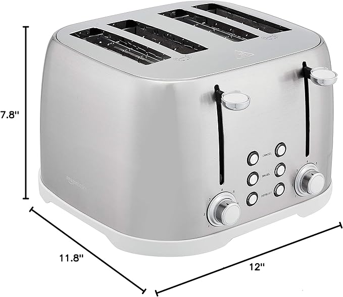 Amazon Basics 4 Slice Toaster with 6 Browning Settings, Removable Easy-to-Clean Crumb Tray, Cancel Button, 1600W, Brushed Silver