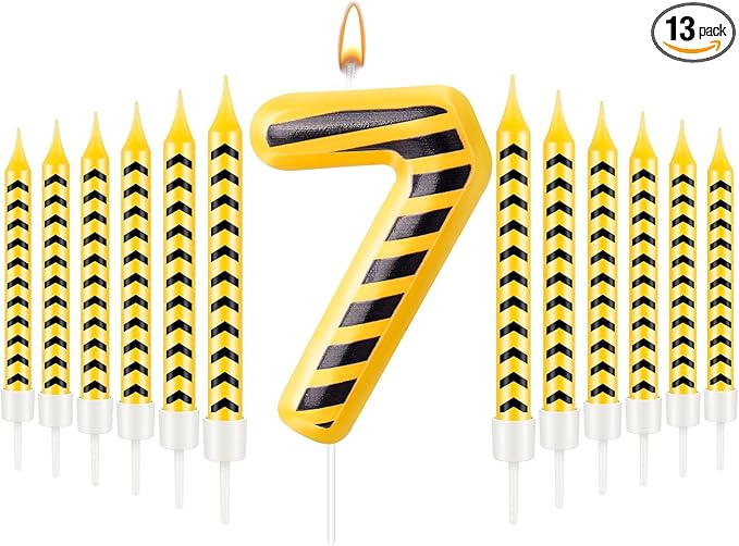 13 Pcs Construction Themed Birthday Candles Set Yellow and Black Number 7 Candle Cake Topper for Construction Party Decoration Supplies (Number 7)