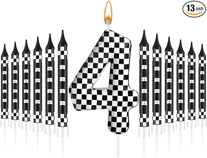 13 Pcs Racing Cars Themed Birthday Candles Black and White Race Number 4 Checkered Candle Cake Topper for Racing Car Party Decoration Supplies (Number 4)