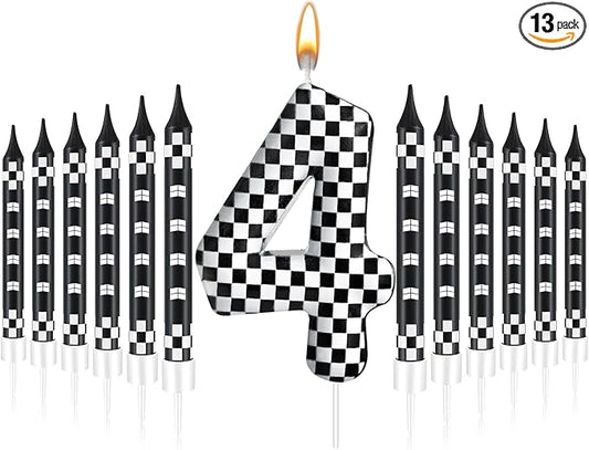 13 Pcs Racing Cars Themed Birthday Candles Black and White Race Number 4 Checkered Candle Cake Topper for Racing Car Party Decoration Supplies (Number 4)