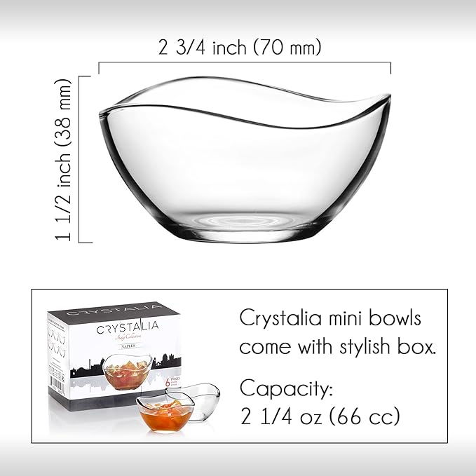 Volarium Mini Glass Prep Bowls Set of 6, 2 1/4 oz Capacity, Modern Style, Round Glass Bowl Set, Condiment & Spice Bowls, Transparent, Dishwasher & Microwave Safe