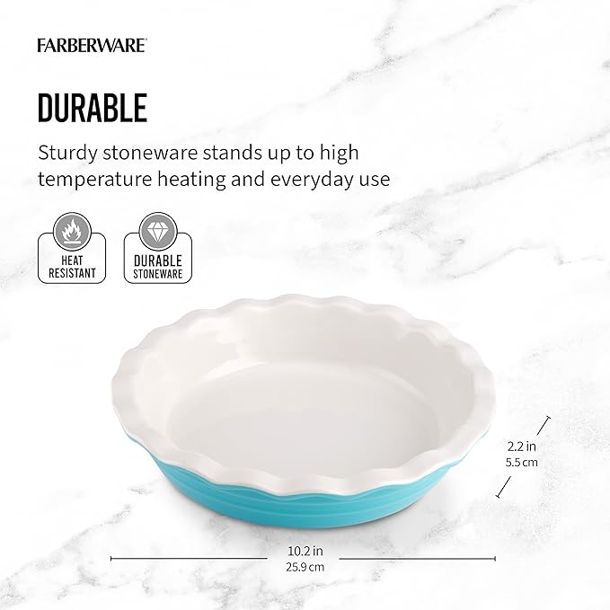 Farberware Bakers Advantage Durable Stoneware Ceramic Pie Dish, Ideal for Making Sweet and Savory Dishes, Heat Resistant, 10 Inch, Teal