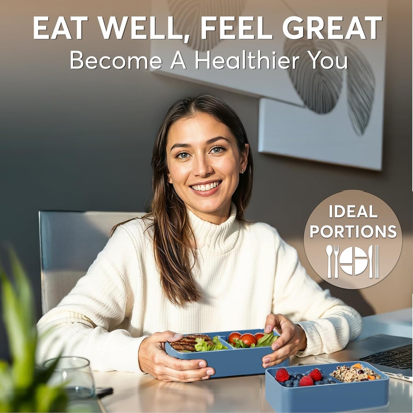 Umami Bento Box Adult All-In-1 w/4 Utensils, Big Sauce Jar, 2 Dividers, 100% Leakproof, Microwave & Dishwasher Safe, Stackable Bento Lunch Box Containers for Men/Women, Denim Blue, 40 oz