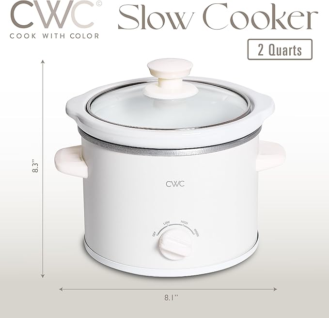 COOK WITH COLOR 2QT Mini Electric Round Slow Cooker - Adjustable Settings, Removable Stoneware Pot, Tempered Glass Lid, Dishwasher Safe, Cool-Touch Side Handles, Cream