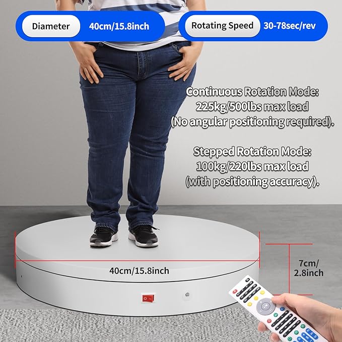 15.8In Remote Motorized electric turntable Rotating platform Photography Turntable Motorized lazy susan Base giratoria para for Photography,3D Scanner,Heavy duty display(Load Range:220~500lbs)