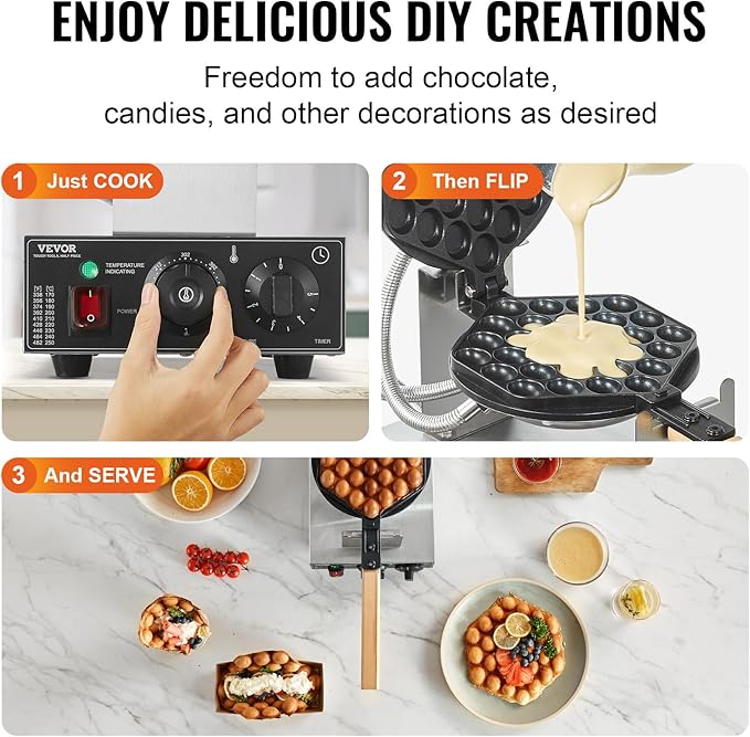 VEVOR Commercial Bubble Waffle Maker, 1400W Egg Pancake Baker Machine, Non-Stick Stainless Steel Egg Bubble Puff, 180° Rotatable, Temp and Time Control, Wooden Handle, for Restaurant Bakery Snack Bar