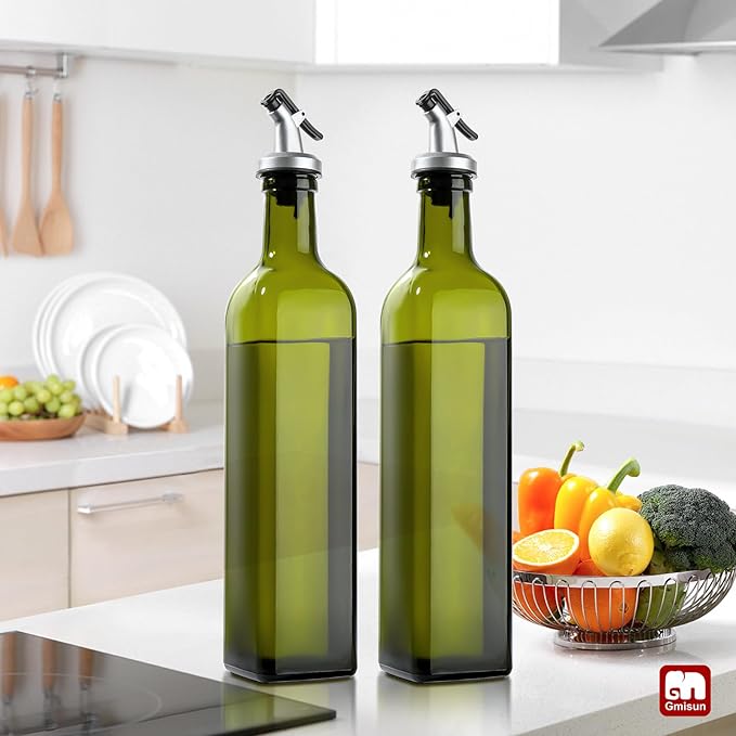 GMISUN Olive Oil Dispenser Bottle 2 Pack, Olive Oil Dispenser for Kitchen 17oz, Glass Cooking Soy Sauce Bottle Container Cruet with Plastic Pourer Spout, Green