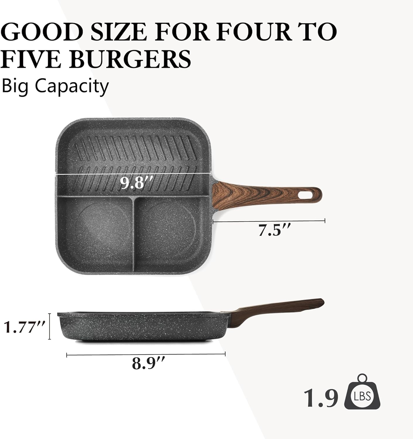 SENSARTE Nonstick Divided Grill Pan for Stove Tops, 3-Section Versatile Breakfast Grilling Pan, Durable Square Grill Skillet, Steak Griddle Pan, PFOA, PFOS, APEO Free, Induction Compatible, 9.5 Inch