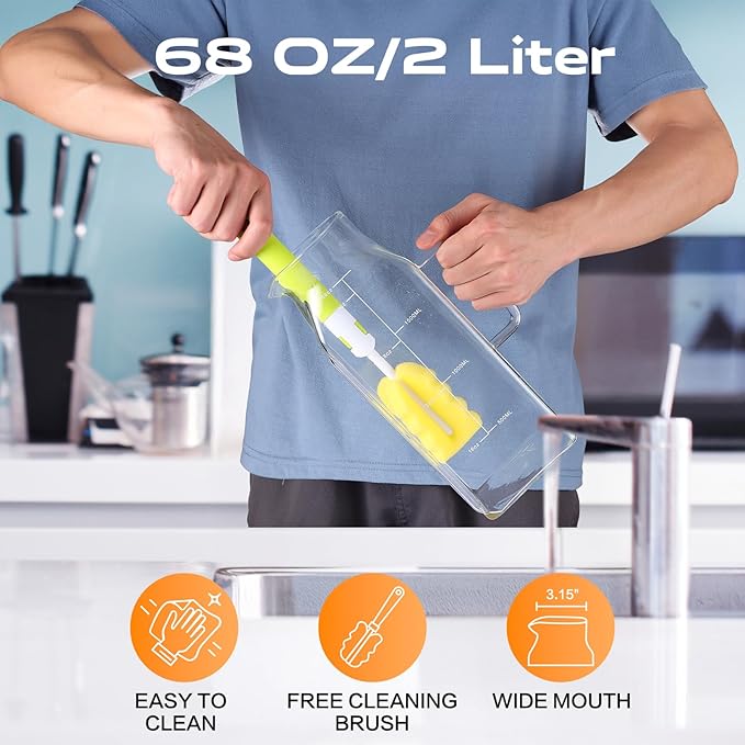 Aofmee 68oz Glass Pitcher for Bridge Door, 2 Liter Square Water Pitcher with Lid and Scale Line, Heat Resistant Tea Pitchers, Leak Proof Juice Jug, Borosilicate Glass Carafe for Hot/Cold Beverage