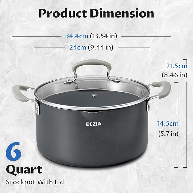 BEZIA 6 QT Cooking Pots with Lids, Soup Pot with Nonstick Ceramic Coating, Stay-Cool Handles, Nonstick Stock Pot with Strainer Lid, Dishwasher Safe, Induction Compatible