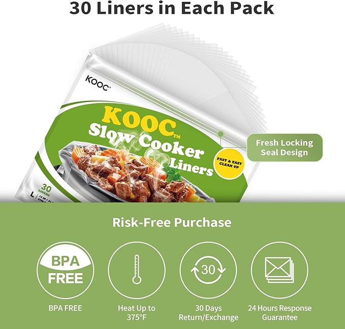 KOOC Slow Cooker Liners 13"x21" 30 Count Disposable Plastic Bags Pot Liners Cooking Bags Fit 3 qt to 8.5 qt Pot BPA Free