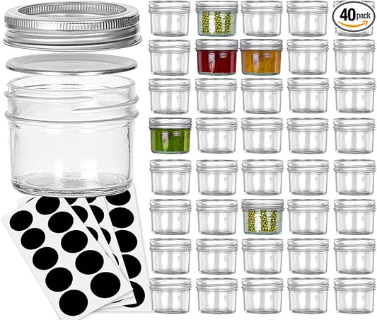 VERONES Mason Jars, 4OZ Canning Jars With Regular Lids and Bands, Ideal for Jam, Honey, Wedding Favors, Shower Favors, DIY Spice Jars, 40 PACK
