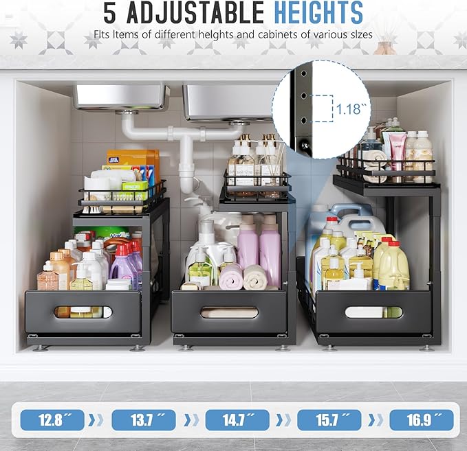 2 Pack Under Sink Organizer Upgrade To Professional Rails,2-Tier Dual Pull Out Cabinet Storage,Height Adjustable Slide Out Drawers For Bathroom Kitchen,Under Sink Shelf (Patent Registered)