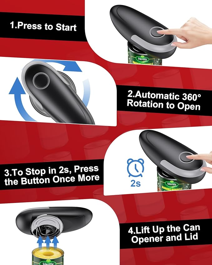 One Touch Electric Can Opener Fits All Can Sizes, Electric Can Openers for Kitchen Food Safe with Smooth Edge, Kitchen Gadgets Automatic Can Opener for Seniors, Arthritis and Chef（Black)