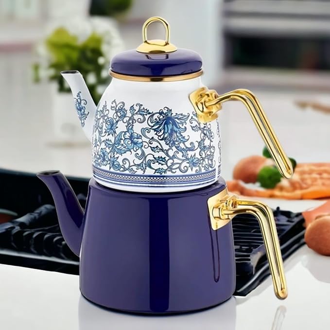 Vintage Turkish Teapot Tea Pots Kettle Set for Stovetop Stove Top Decorative Infuser Party Cups Glasses Floral Unique Boiler Samovar Strainer Loose Leaf Kitchen Style Enamel Decor (White-Blue)