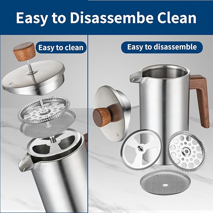 BERTILLE french press coffee maker, 34OZ 304 food stainless steel French press coffee maker with solid wood handle, double-layer insulation and 3-layer filtration system (silver)