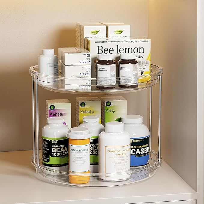 LAMU 2 Pack 2 Tier Lazy Susan Turntable Organizer 9.25'' Rotating Spice Rack Organization for Cabinet, Kitchen, Pantry, Countertop, Bathroom, Vanity, Medicine Cabinet Organizer, Clear