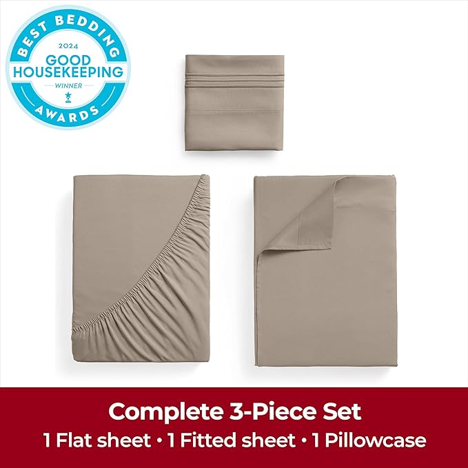 Mellanni Twin XL Sheets Set - 3 PC Iconic Collection Bedding - Hotel Luxury, Extra Soft, Cooling Bed Sheets - Wrinkle, Fade, Stain Resistant (Twin Extra Long, Tan)