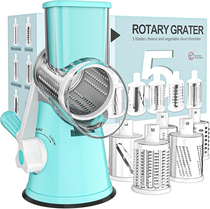 Cambom Rotary Cheese Grater Hand Crank Cheese Shredder for Fresh Cheese, Vegetable, Nuts,Non-slip Suction Base, Five Blades, Blue