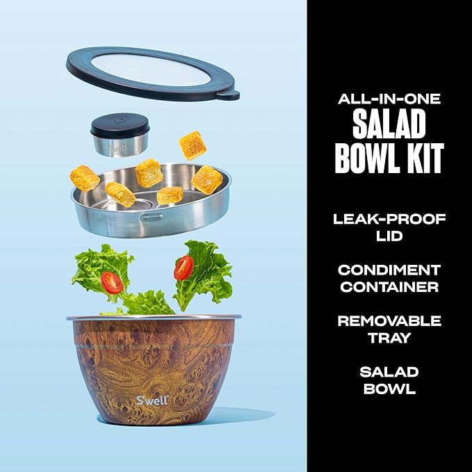 S’well Stainless Steel 64oz Salad Bowl Kit, Teakwood Finish, Includes 2oz Condiment Container and Removable Tray, Leak-Proof and Easy to Clean, Dishwasher Safe