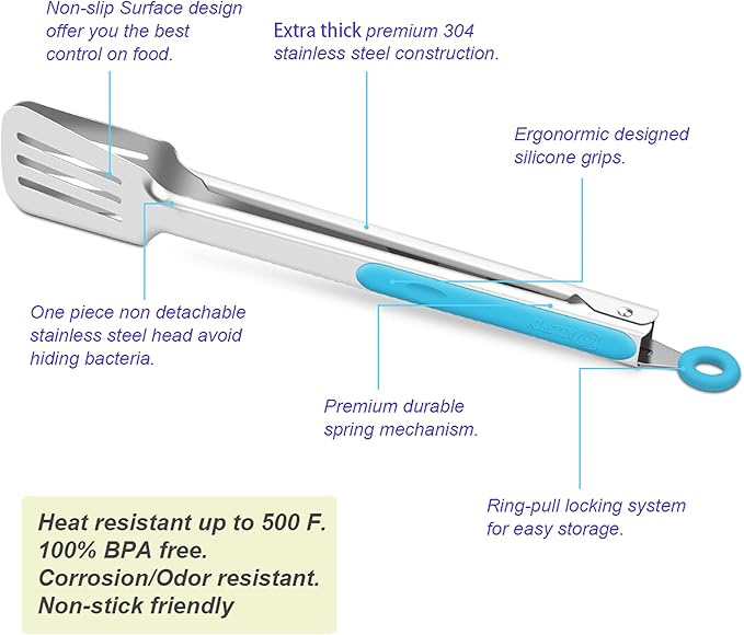 Premium 304 Stainless Steel Barbecue Turners, Heavy Duty Non-Stick BBQ Cooking Kitchen Tongs, 9" and 12" Blue
