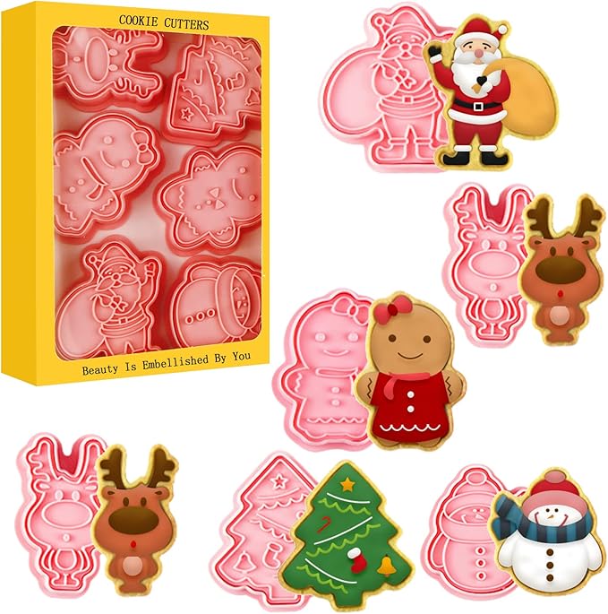 Leesgel Christmas Cookie Cutters, 3D Christmas Holiday Cookie Cutters Shapes with Santa/Xmas Tree/House/Deer, Christmas Party Decorations Ornaments