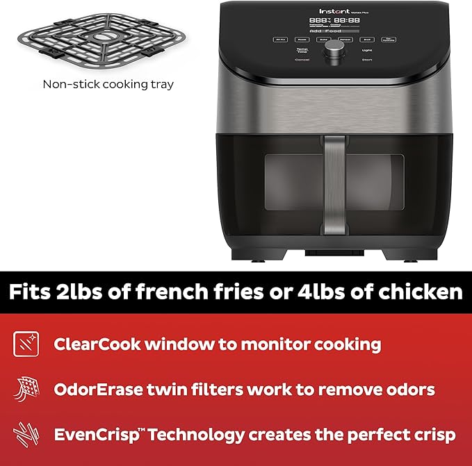 Instant Pot Vortex Plus 6QT Air Fryer with Odor Erase Technology,6-in-1 Functions that Crisps,Roasts, Broils,Dehydrates, Bakes & Reheats, 100+In-App Recipes, from the Makers of Instant Pot,1700W,Black