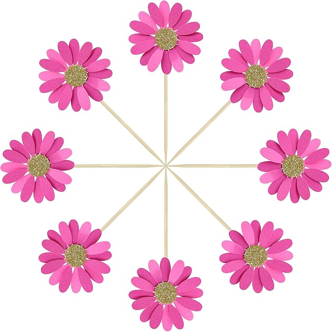 24Pcs Daisy Cupcake Toppers Flower Cake Topper Decorations Daisy Cake Decorations Chrysanthemum Cupcake Toppers Spring Daisy Flower Cake Picks for Birthday Wedding Supplies Rose Red