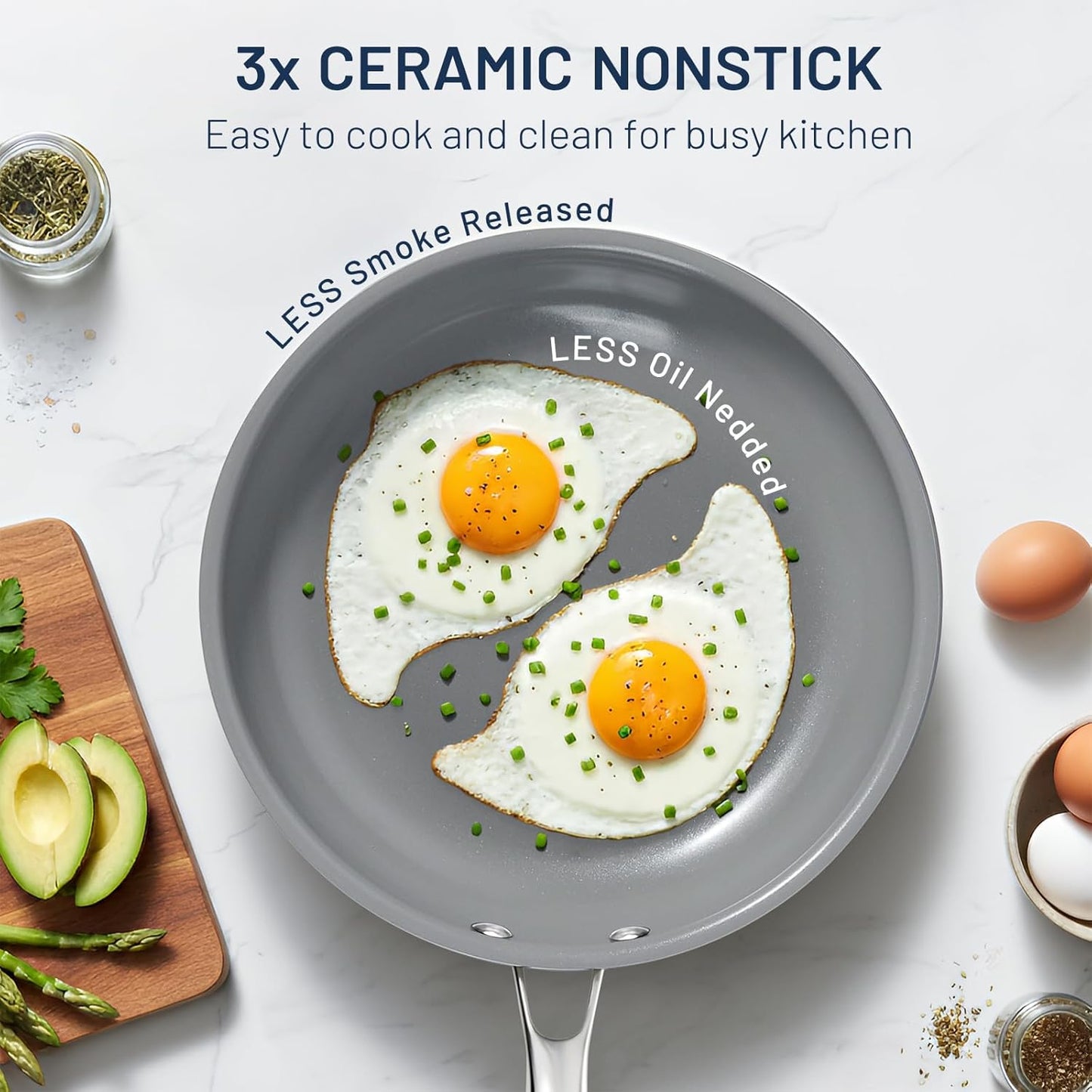 Kikcoin Ceramic Nonstick Frying Pan Skillets - 3 Sizes Omelette Pans for Healthly Cooking, 8+9.5+11 Inch Egg Pan with Stay Cool Handle, Free of PFAS PFOA PTEE, Oven/Dishwasher Safe for Busy Kitchen