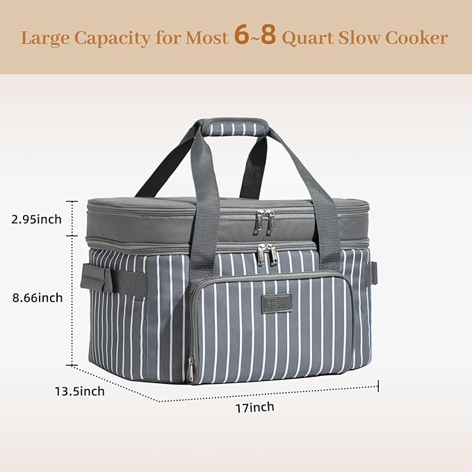 Fun Elements Double Layer Slow Cooker Carrier Bag for 6-8 Quart Oval Crock-Pot, Insulated Crock Pot Travel Bag with Support Pad and Adjustable Straps, Top Zip Compartment and Front Pocket for Utensils