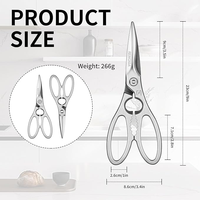 Kitchen Scissors Multi-Purpose Kitchen Shears Micro-serrated Sharp Blade Heavy Duty Stainless Steel Safe Food Scissors for Chicken, Poultry, Fish, Meat & Herbs with Non-Slip Grips