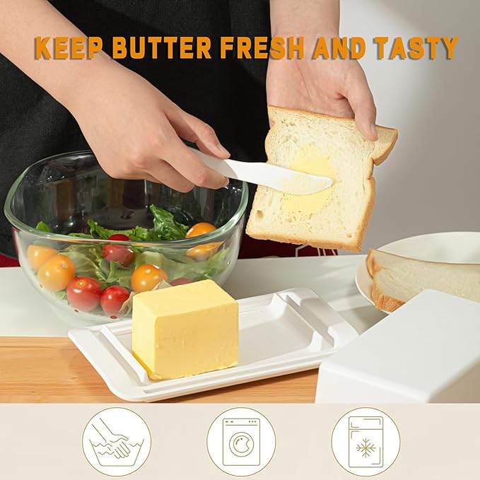 Butter Dish with Lid, Large Butter Dish with Lid for Countertop, Built-in Knife Slot Butter Keeper for Kitchen or Fridge, Bamboo Fiber Butter Tray, Butter Holder for 2 Sticks(White, Large)